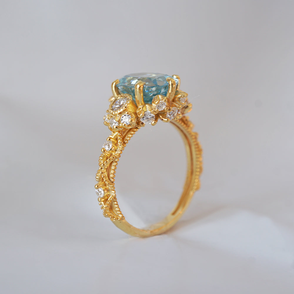 One Of A Kind: 2.54ct Blue Zircon Queen Victoria Diamond Ring in 14K and 18K Gold