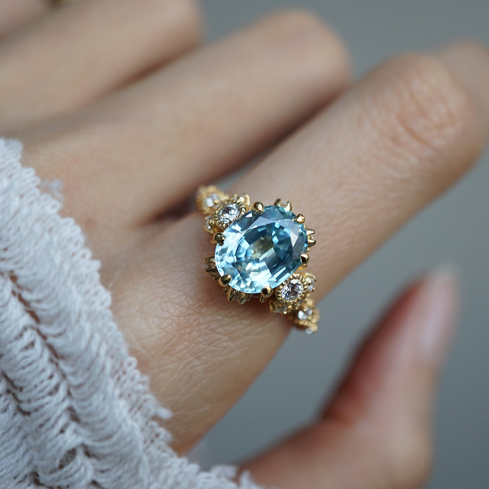 One Of A Kind: 2.54ct Blue Zircon Queen Victoria Diamond Ring in 14K and 18K Gold