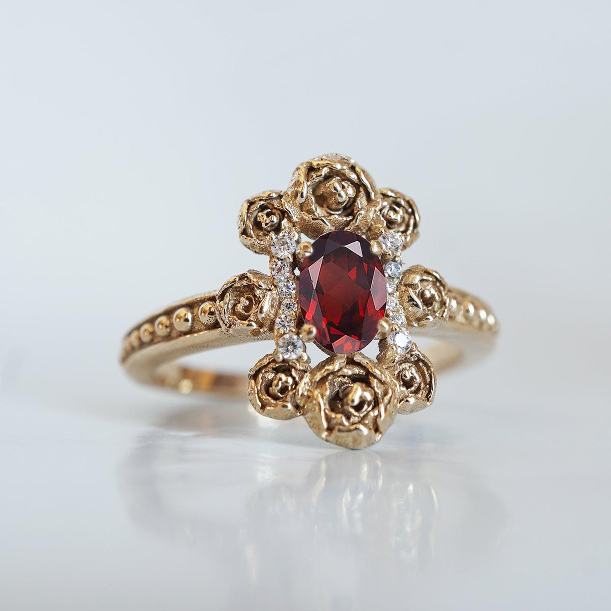 Peonies Oval Garnet Ring in 14K and 18K Gold