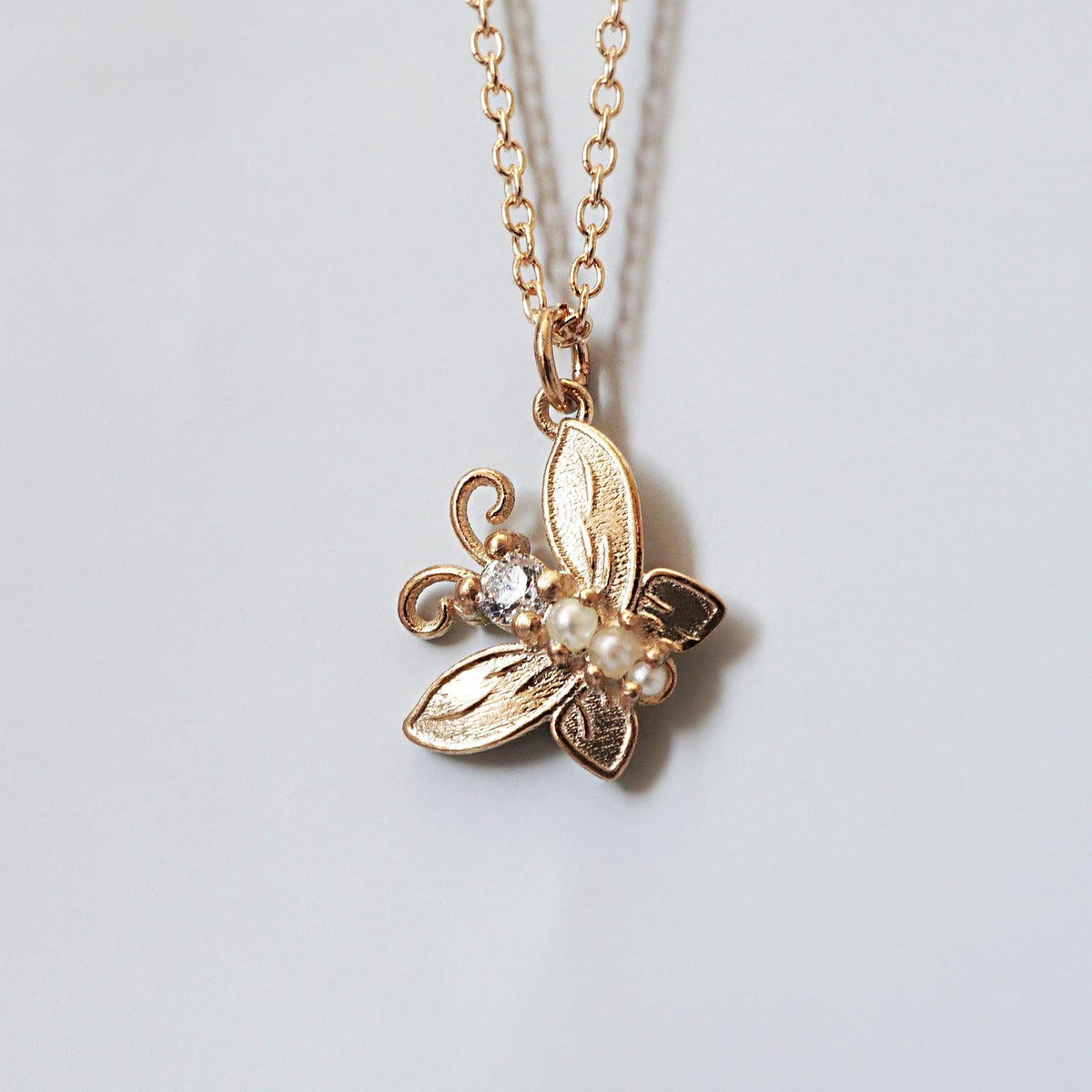 14K Diamond Butterfly Pearl Necklace
