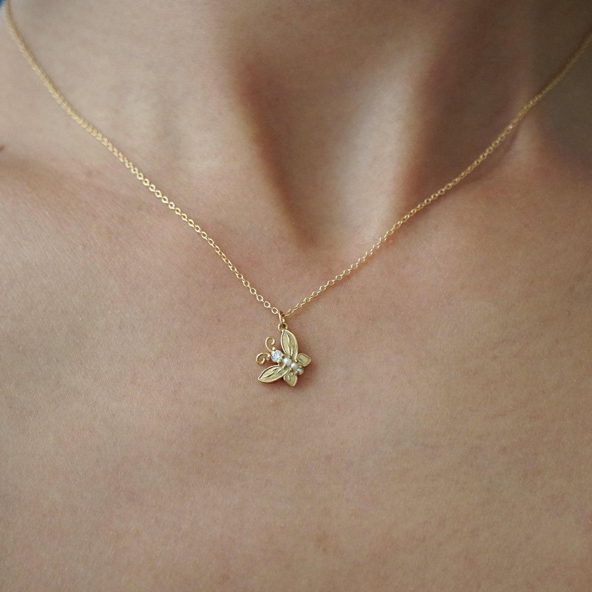 14K Diamond Butterfly Pearl Necklace