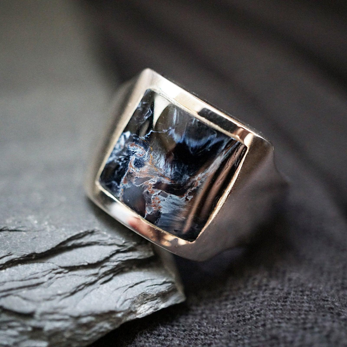 Pietersite Cigar Ring in Sterling Silver and 14K Gold, 16mm - Tippy Taste Jewelry