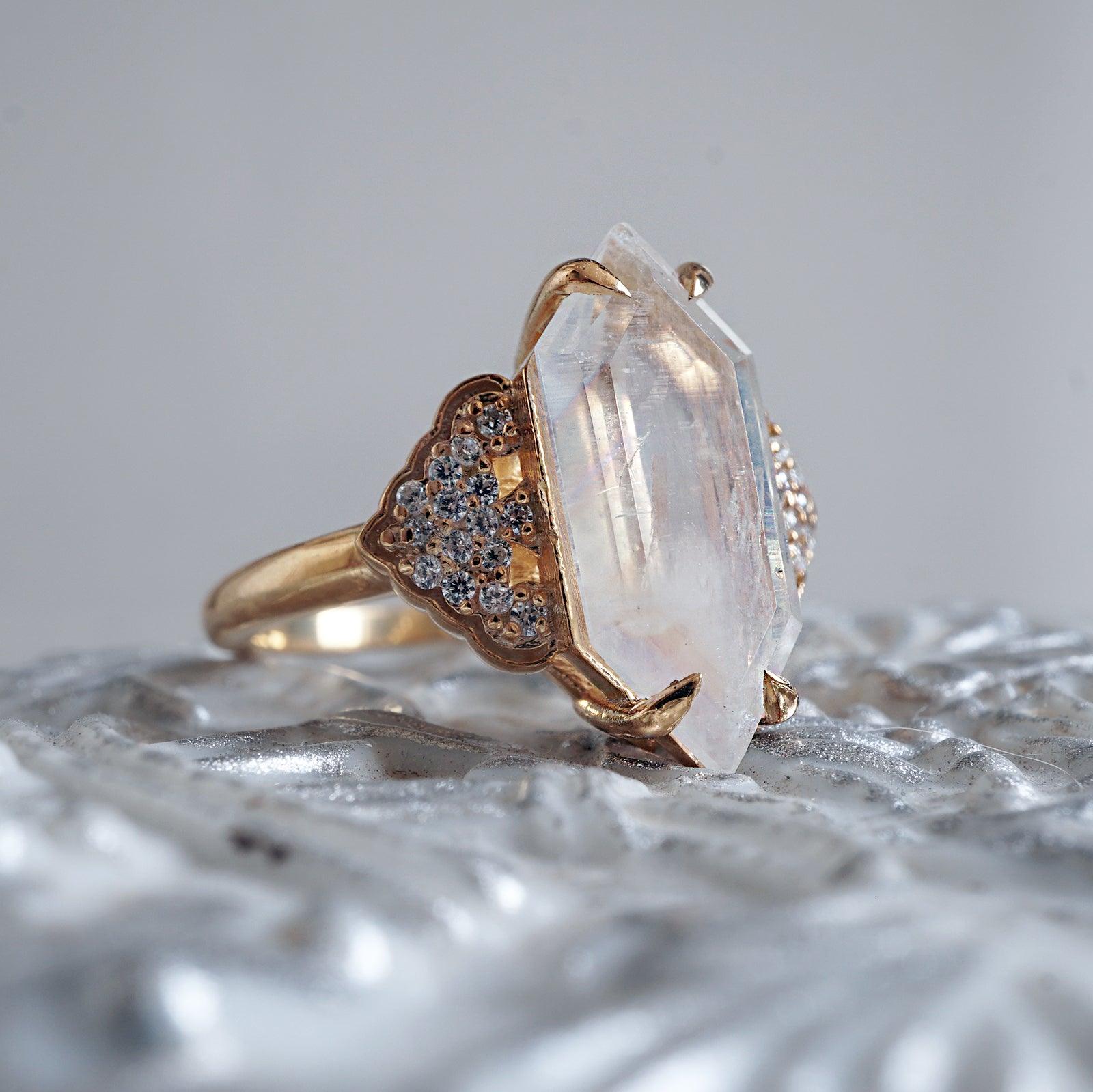 Kite Moonstone and Diamond Engagement Ring Set with Open Marquise Diamond  Wedding Band - Aurelius Jewelry