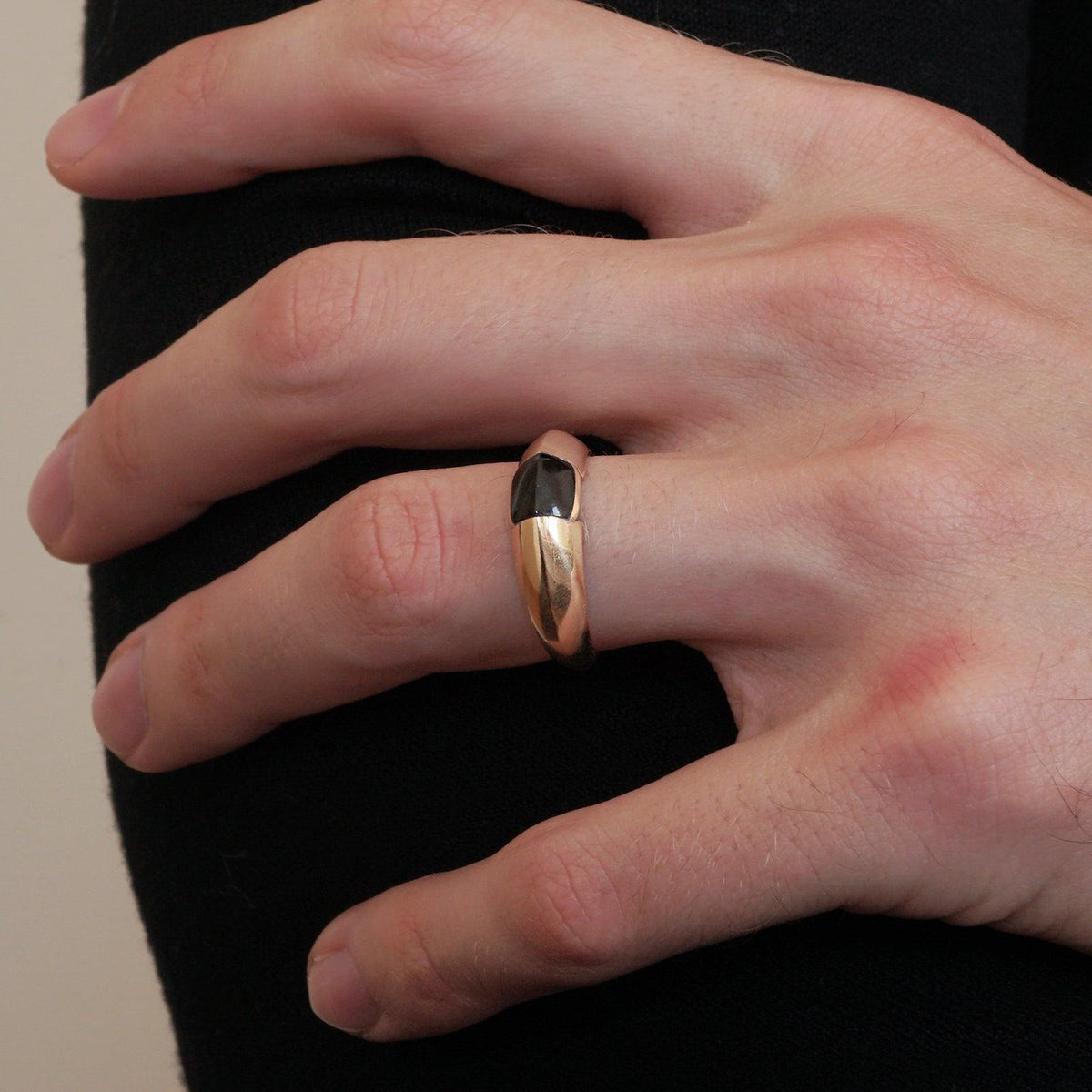 Black Onyx Bevel Ring in Sterling Silver and 14K Gold, 7mm