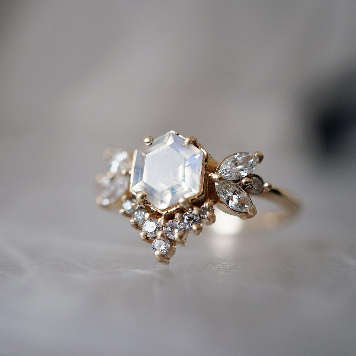 Hexagon Moonstone Butterfly Diamond Ring - Tippy Taste Jewelry