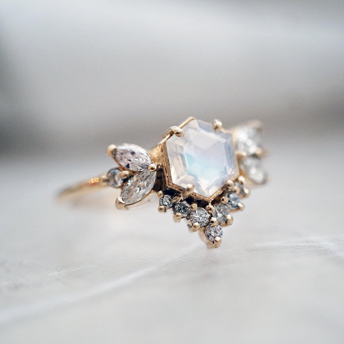 Hexagon Moonstone Butterfly Diamond Ring in 14K and 18K Gold