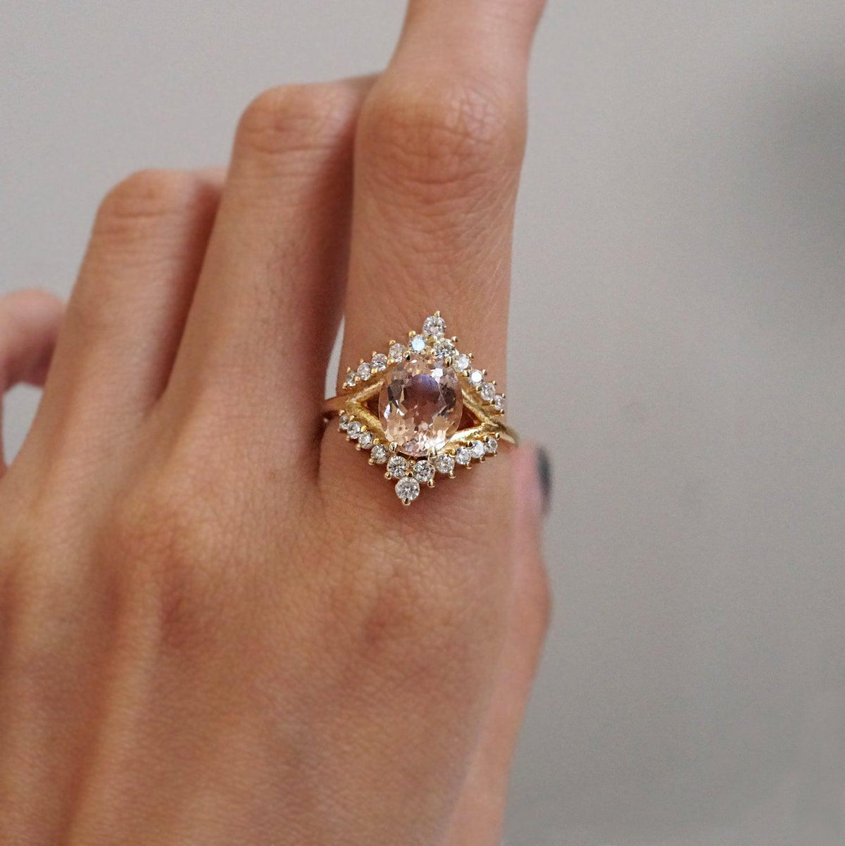 Morganite Tiara Diamond Ring - Tippy Taste Jewelry