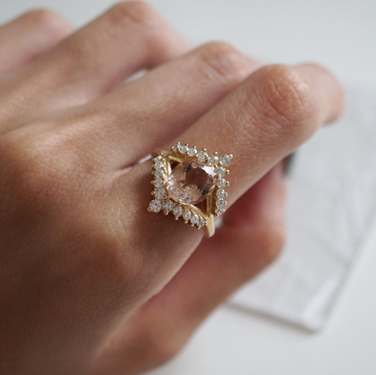 Morganite Tiara Diamond Ring - Tippy Taste Jewelry