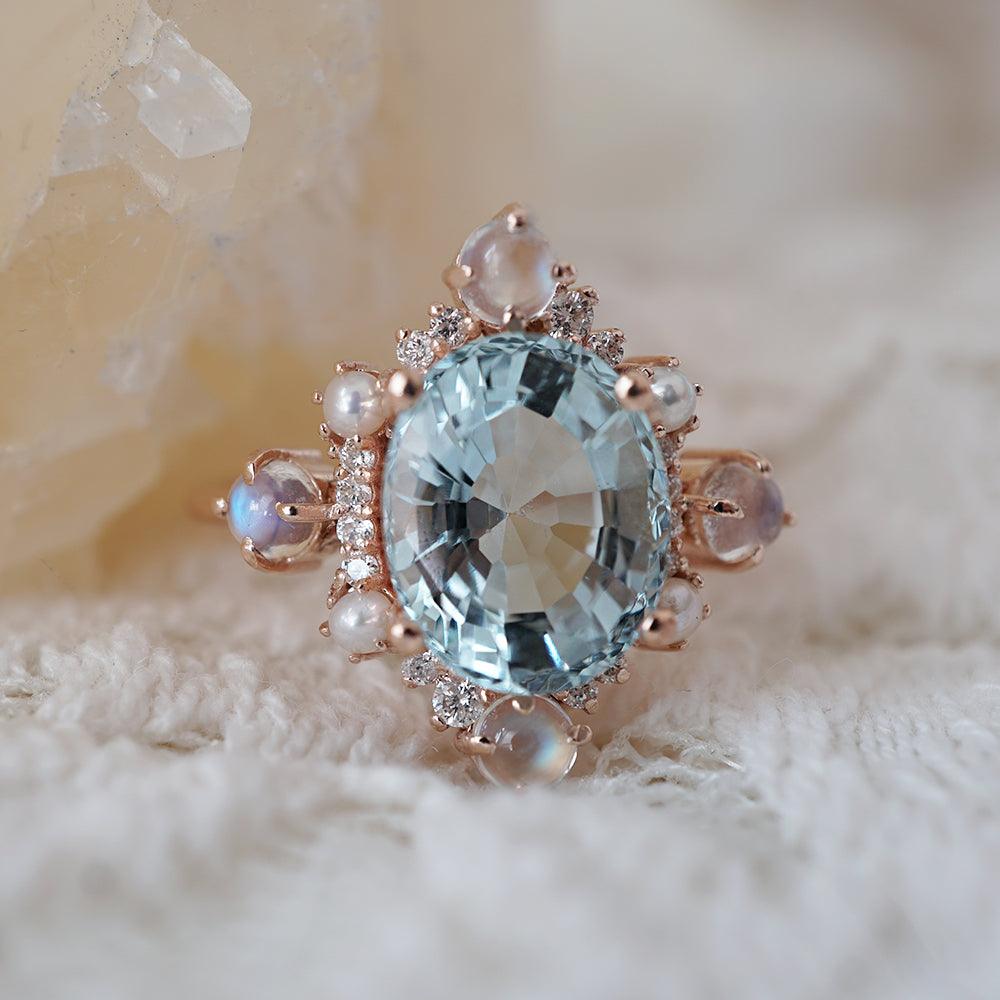 Aquamarine Elsa Moonstone Pearl Diamond Ring