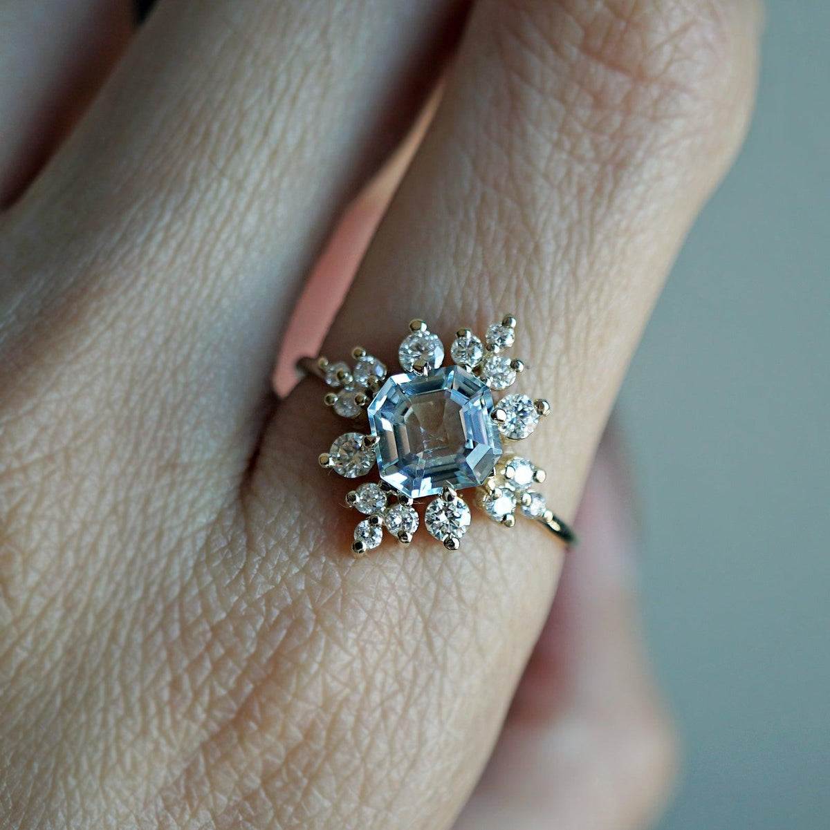 14K Victorian Cluster Aquamarine Diamond Ring