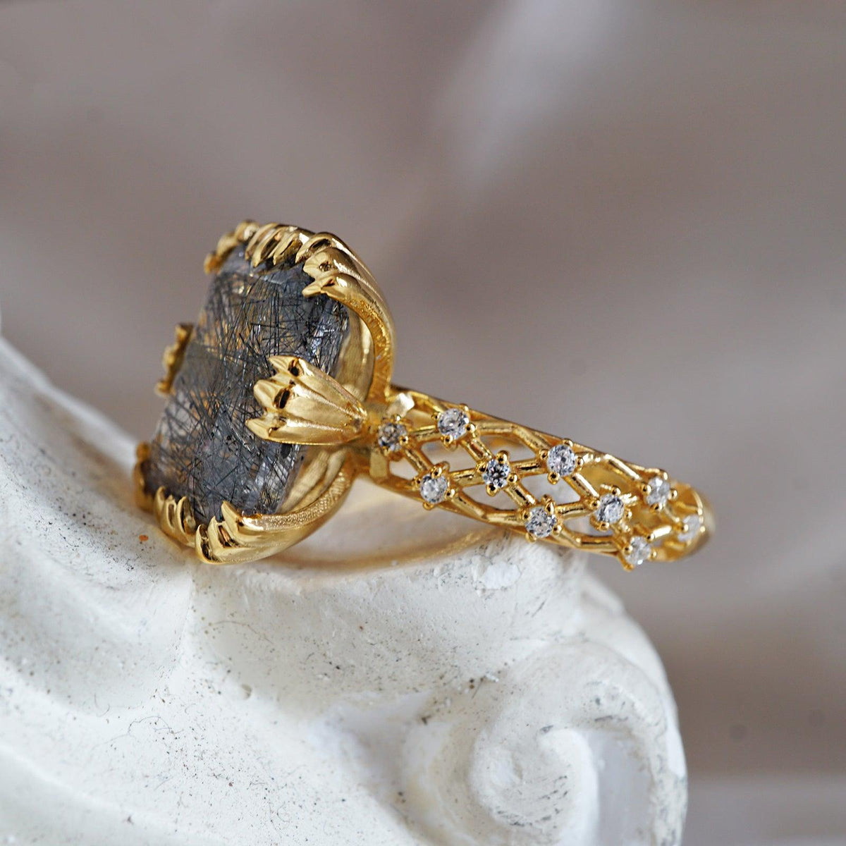Empress Rutilated Quartz Diamond Ring in 14K and 18K Gold - Tippy Taste Jewelry