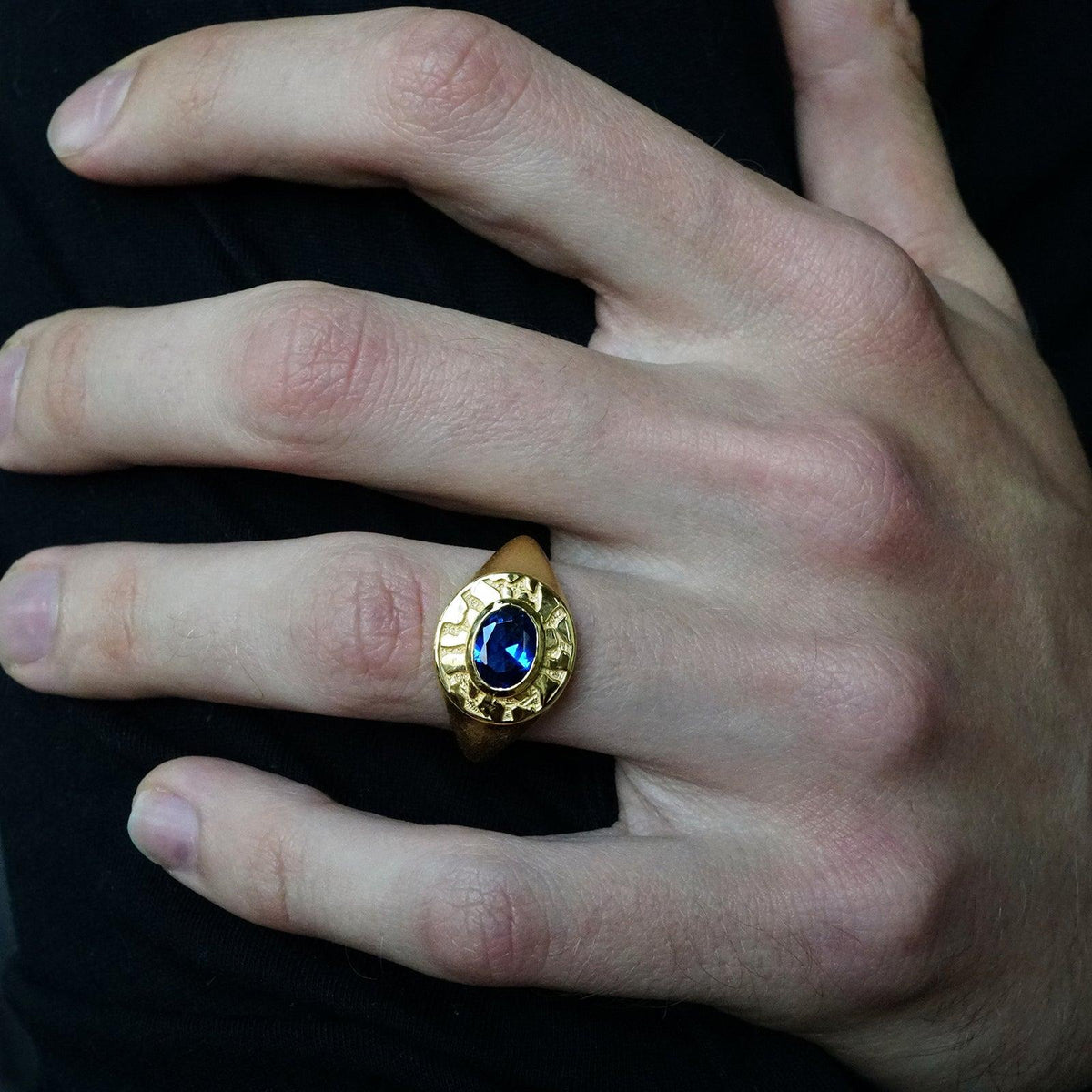 Blue Sapphire Rock Signet Ring in Sterling Silver and 14K Gold