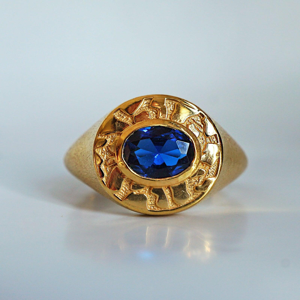 Blue Sapphire Rock Signet Ring in Sterling Silver and 14K Gold