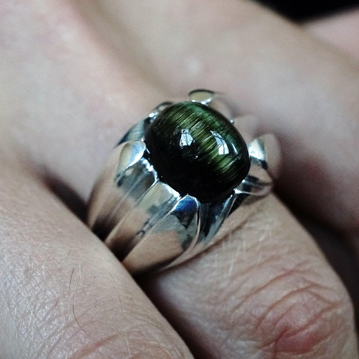 Green Cat Eye Tourmaline Claw Ring in Sterling Silver