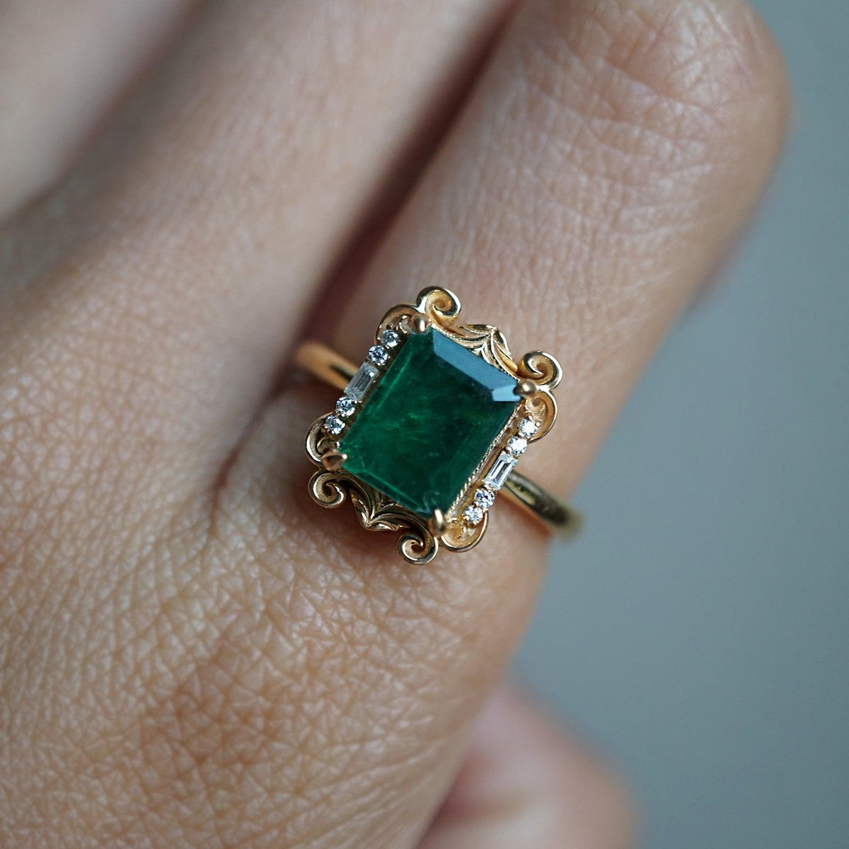 Isis Emerald Scroll Diamond Ring in 14K and 18K Gold