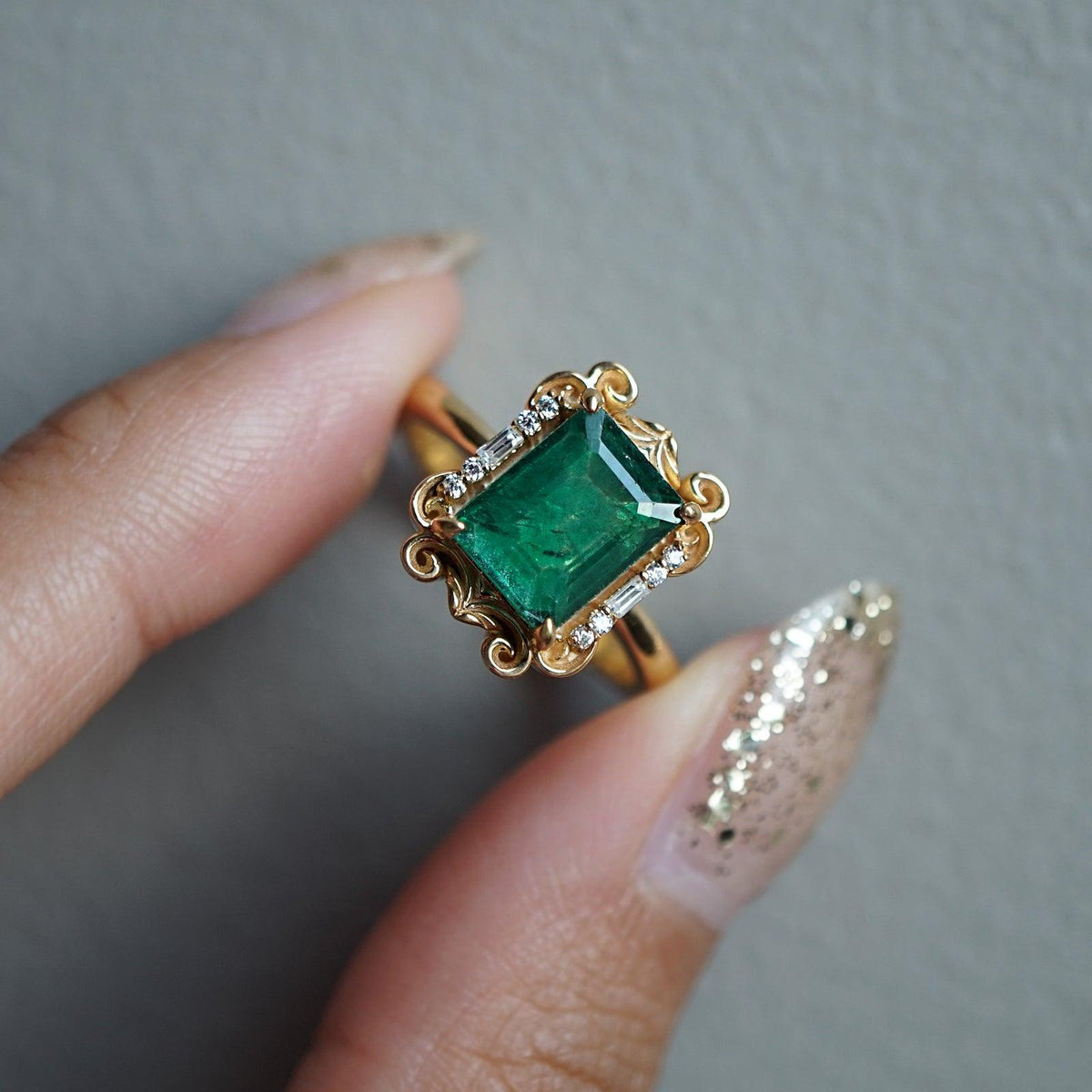 Isis Emerald Scroll Diamond Ring in 14K and 18K Gold