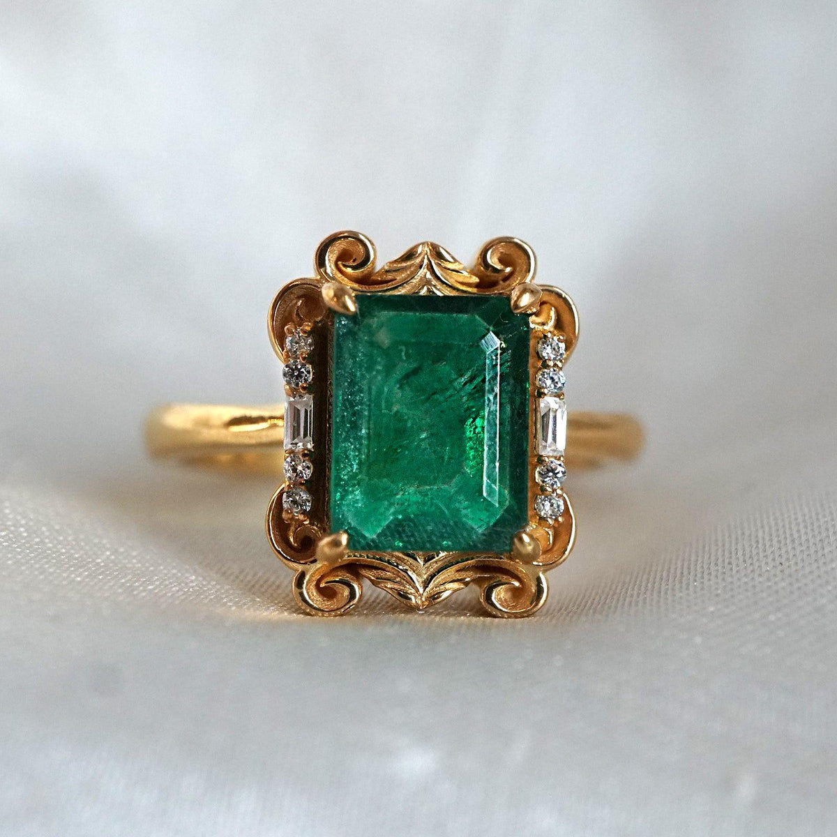 Isis Emerald Scroll Diamond Ring in 14K and 18K Gold - Tippy Taste Jewelry