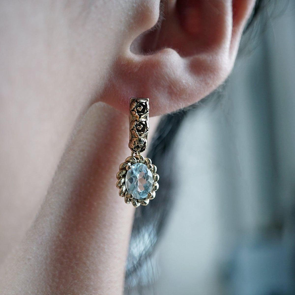 14K Oval Aquamarine Peonies Earrings