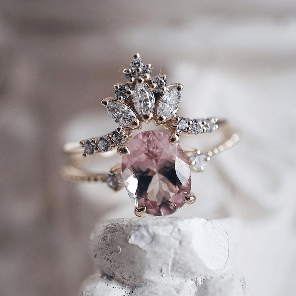 14K Princess Morganite Sunrise Ring Set - Tippy Taste Jewelry