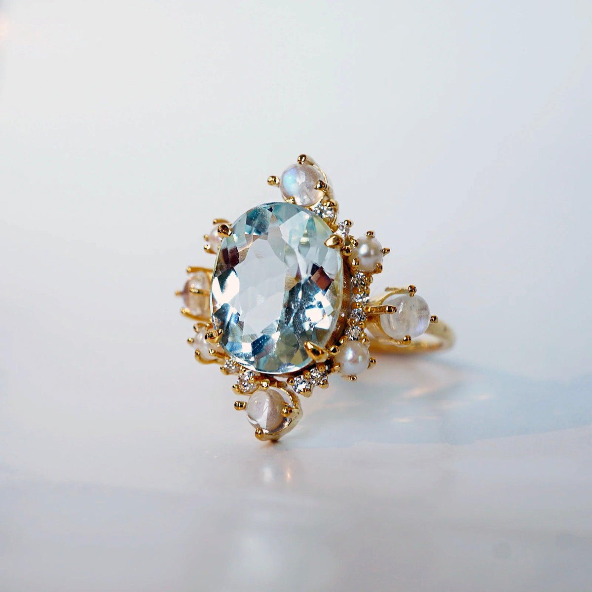 Aquamarine Elsa Moonstone Pearl Diamond Ring - Tippy Taste Jewelry