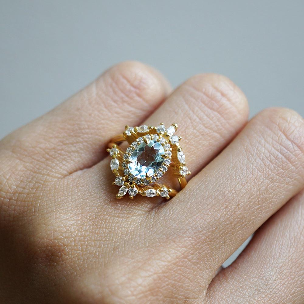 Aquamarine Ocean Diamond Ring in 14K and 18K Gold