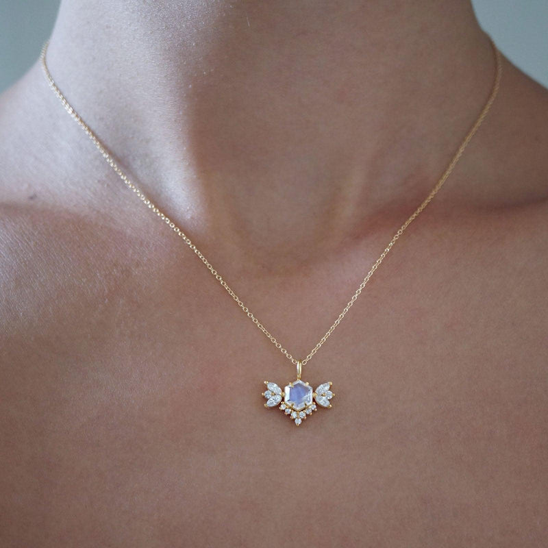 14K Hexagon Moonstone Butterfly Diamond Necklace - Tippy Taste Jewelry