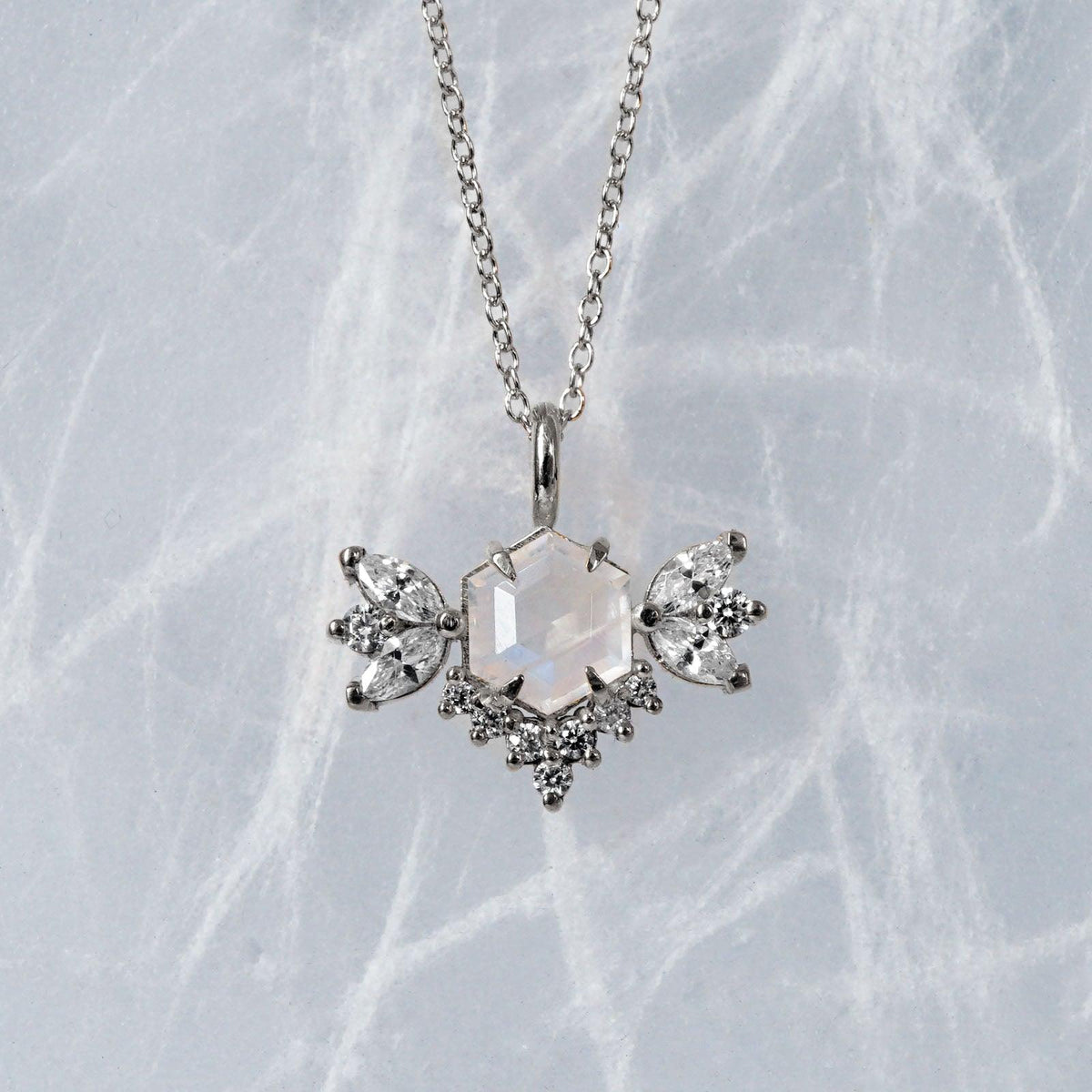 14K Hexagon Moonstone Butterfly Diamond Necklace