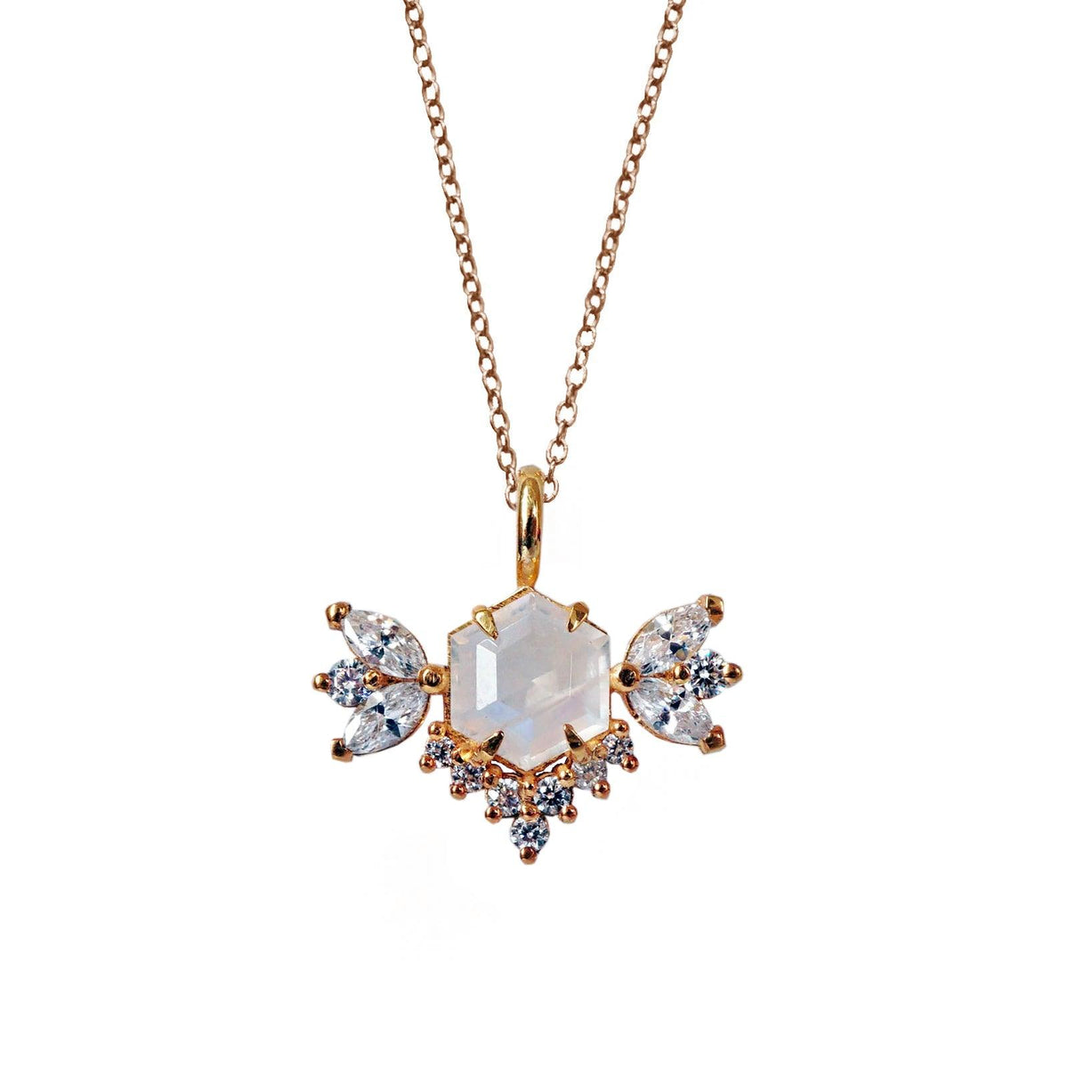 14K Hexagon Moonstone Butterfly Diamond Necklace - Tippy Taste Jewelry