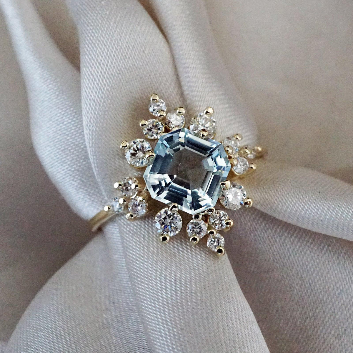 14K Victorian Cluster Aquamarine Diamond Ring - Tippy Taste Jewelry