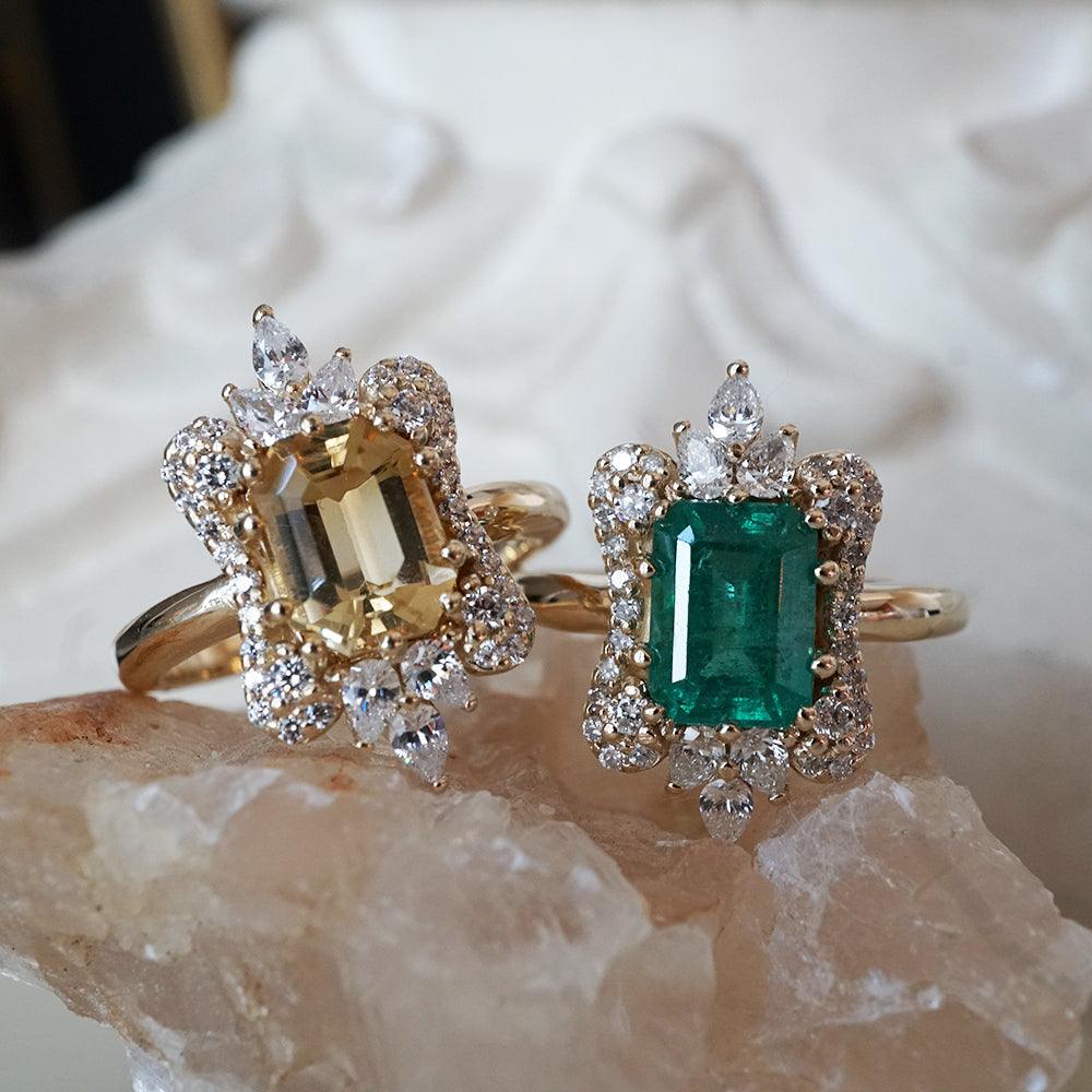Rose Gold Engagement Rings Set Hexagon Cut Emerald Rings - LisaJewelryUS