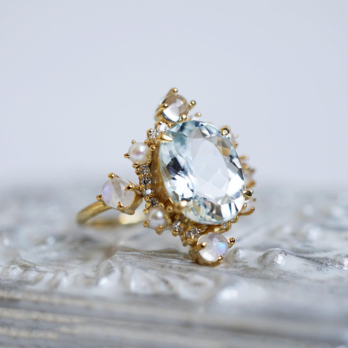 Aquamarine Elsa Moonstone Pearl Diamond Ring