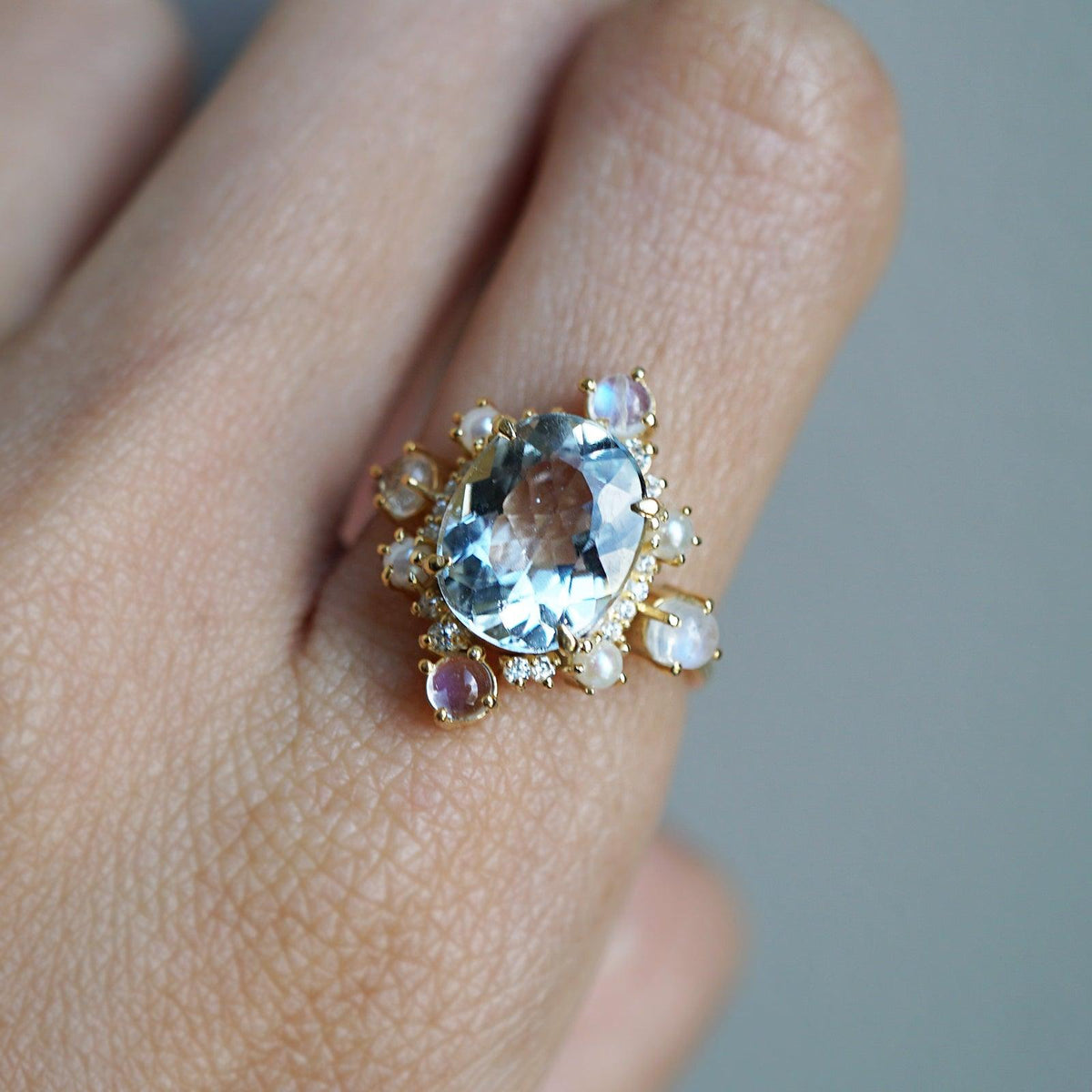 Aquamarine Elsa Moonstone Pearl Diamond Ring - Tippy Taste Jewelry
