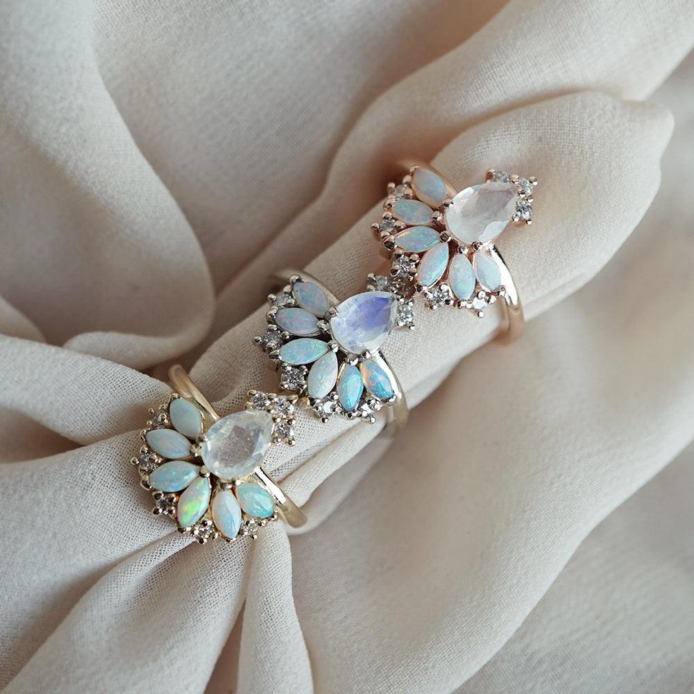 Fairydust Opal Moonstone Diamond Ring in 14K and 18K Gold