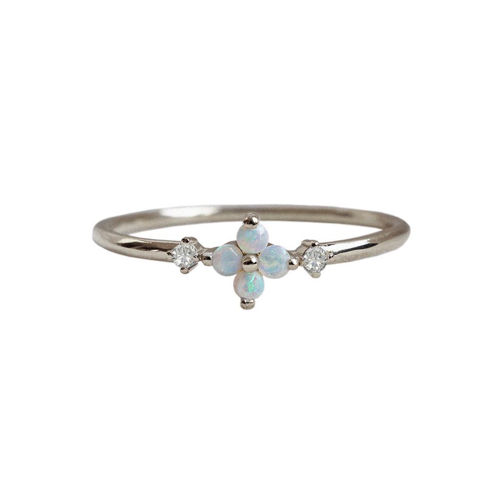 Forget me not opal diamond ring in white gold