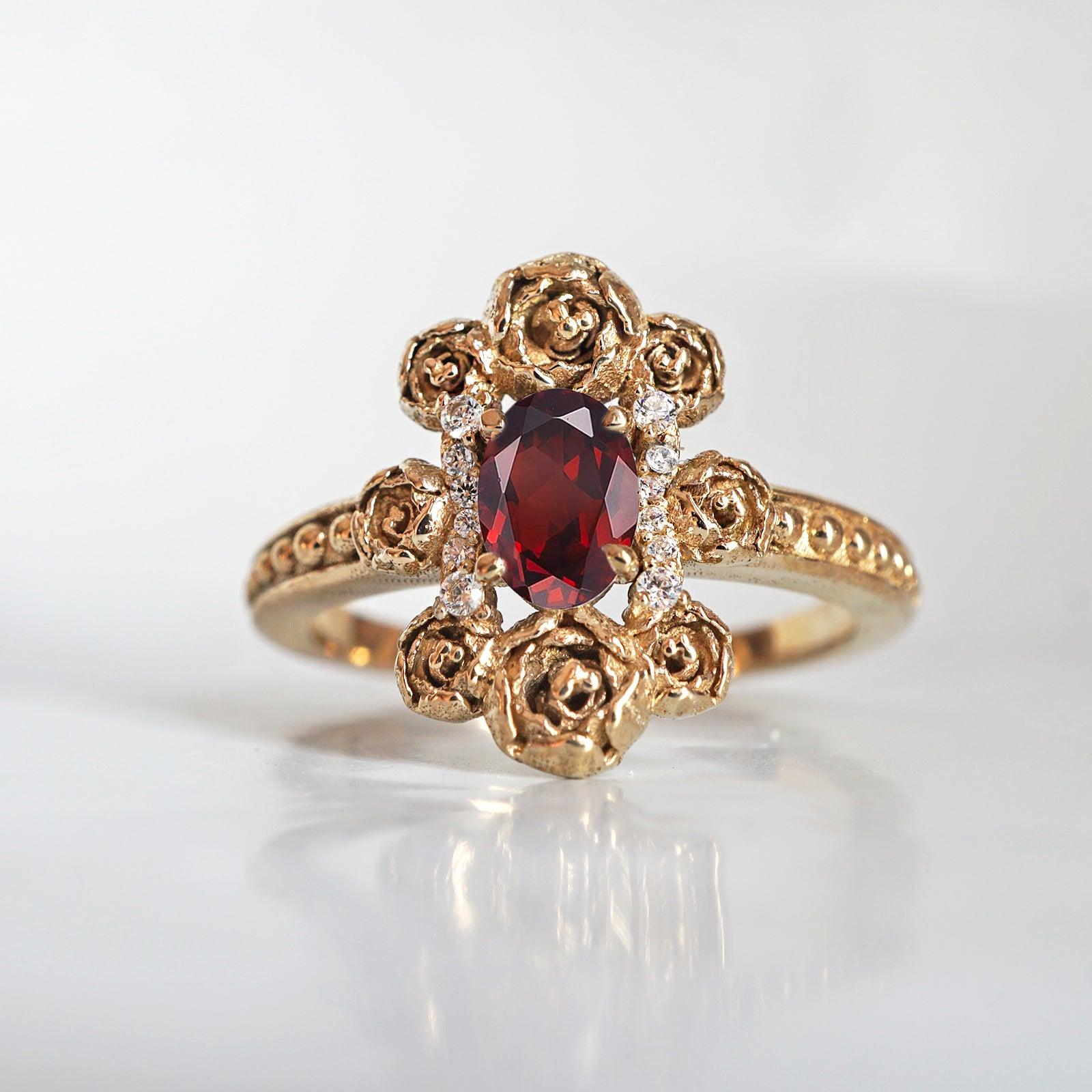 Peonies Oval Diamond Ring – Garnet & Sculpted Floral Design