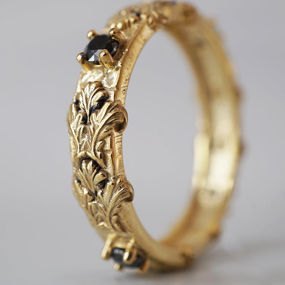 14K & 18K Gold Gothic Acanthus Ring – Black Diamond Gothic Band | Tippy ...