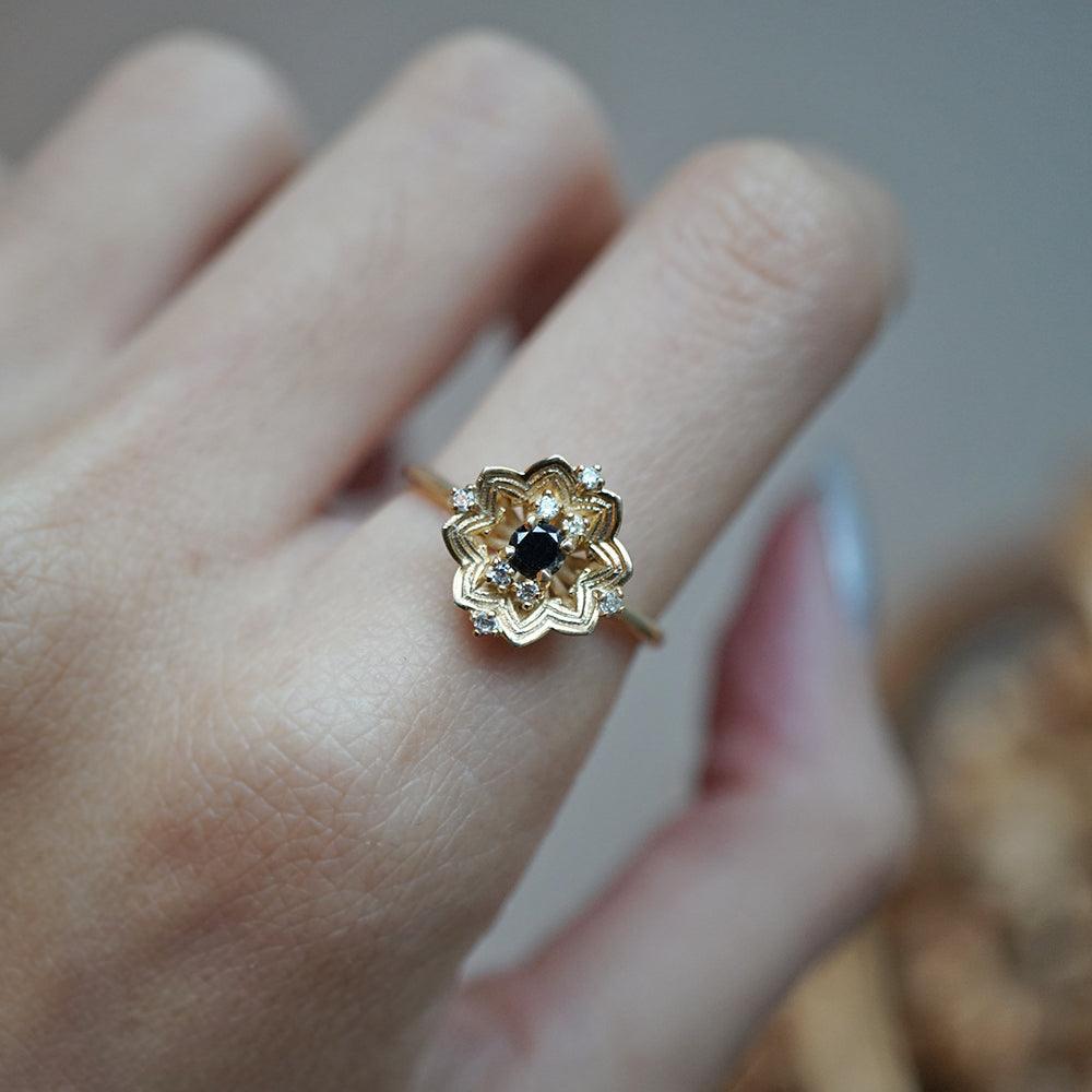 Gothic Rose Window Black Diamond Ring in 14K and 18K Gold
