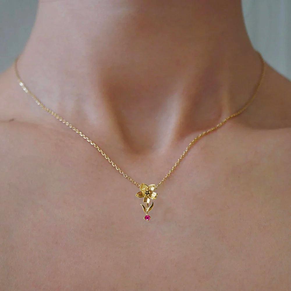 water lily flower necklace July Birth Flower Necklace – Water Lily Pendant with Ruby Birthstone