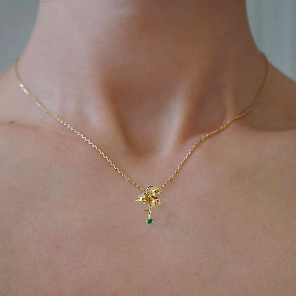 lily flower jewellery May Birth Flower Necklace – Lily Pendant with Emerald Birthstone