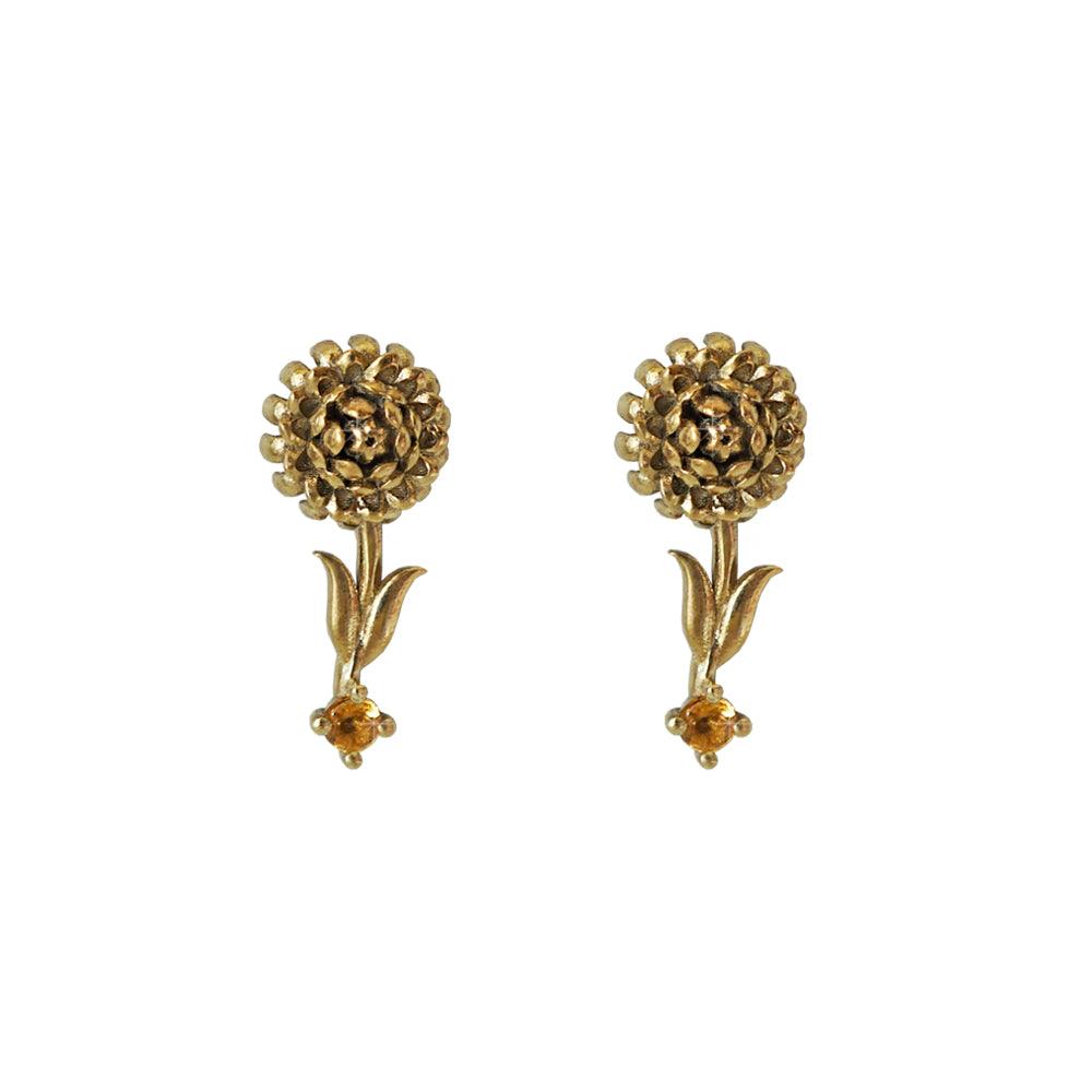 14K November Chrysanthemum Citrine Flower Earrings