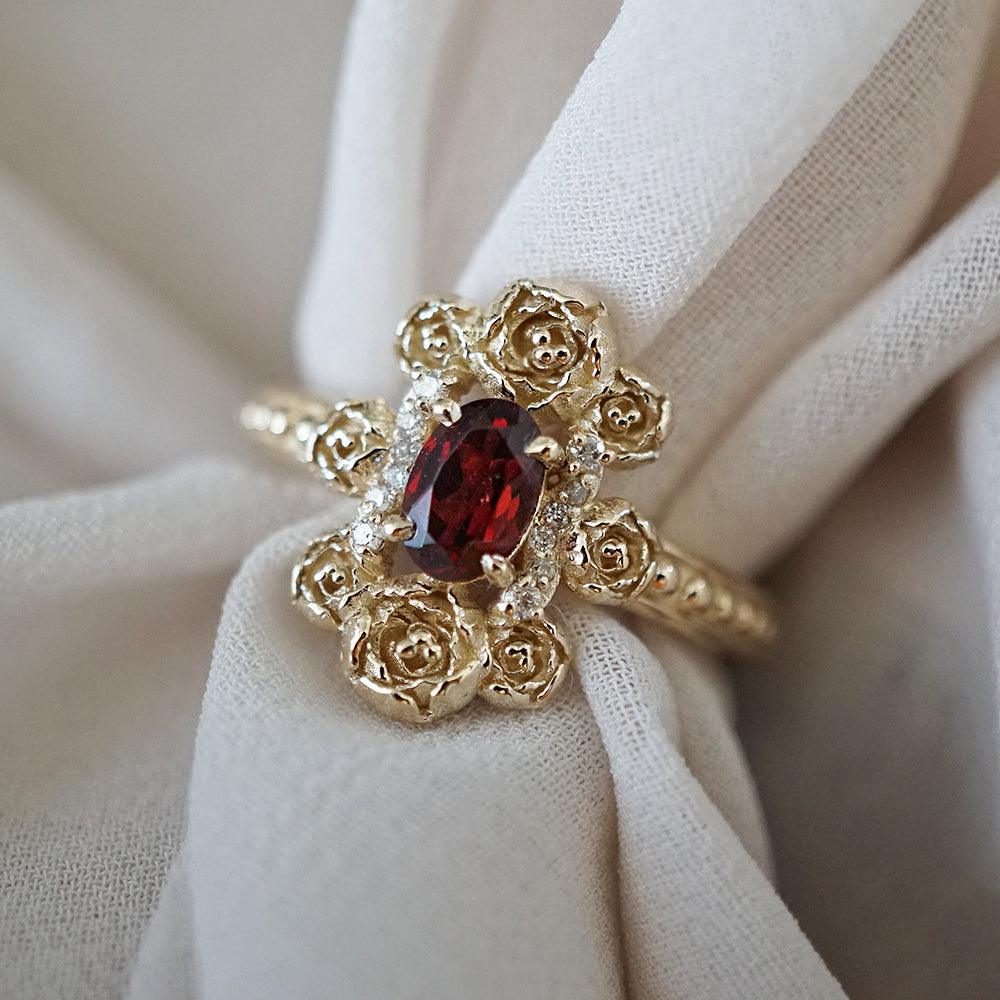 Peonies Oval Garnet Ring in 14K and 18K Gold