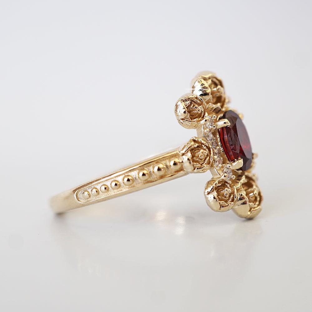 Peonies Oval Garnet Ring in 14K and 18K Gold - Tippy Taste Jewelry