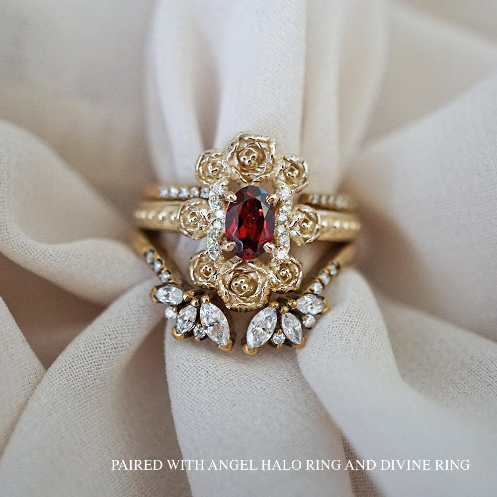 Peonies Oval Garnet Ring in 14K and 18K Gold - Tippy Taste Jewelry
