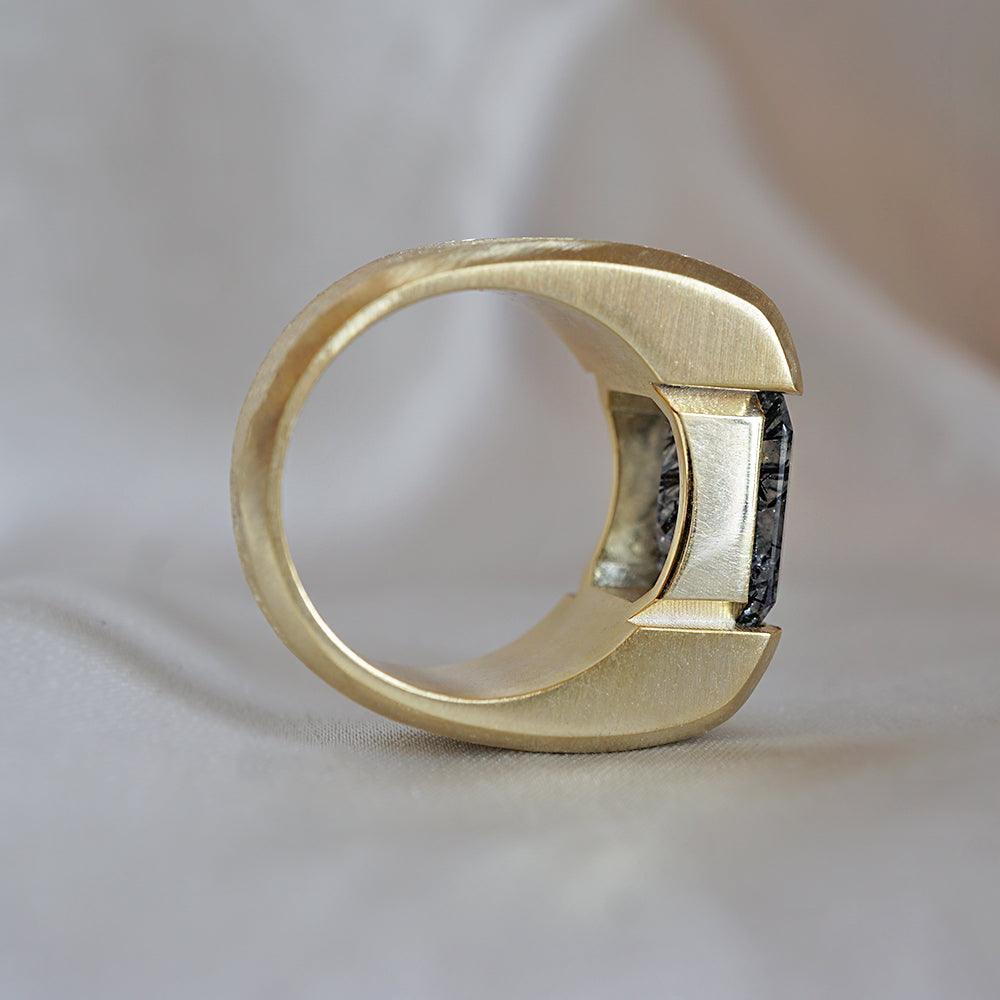 Black Rutilated Quartz Robo Ring in Sterling Silver, 13mm - Tippy Taste Jewelry