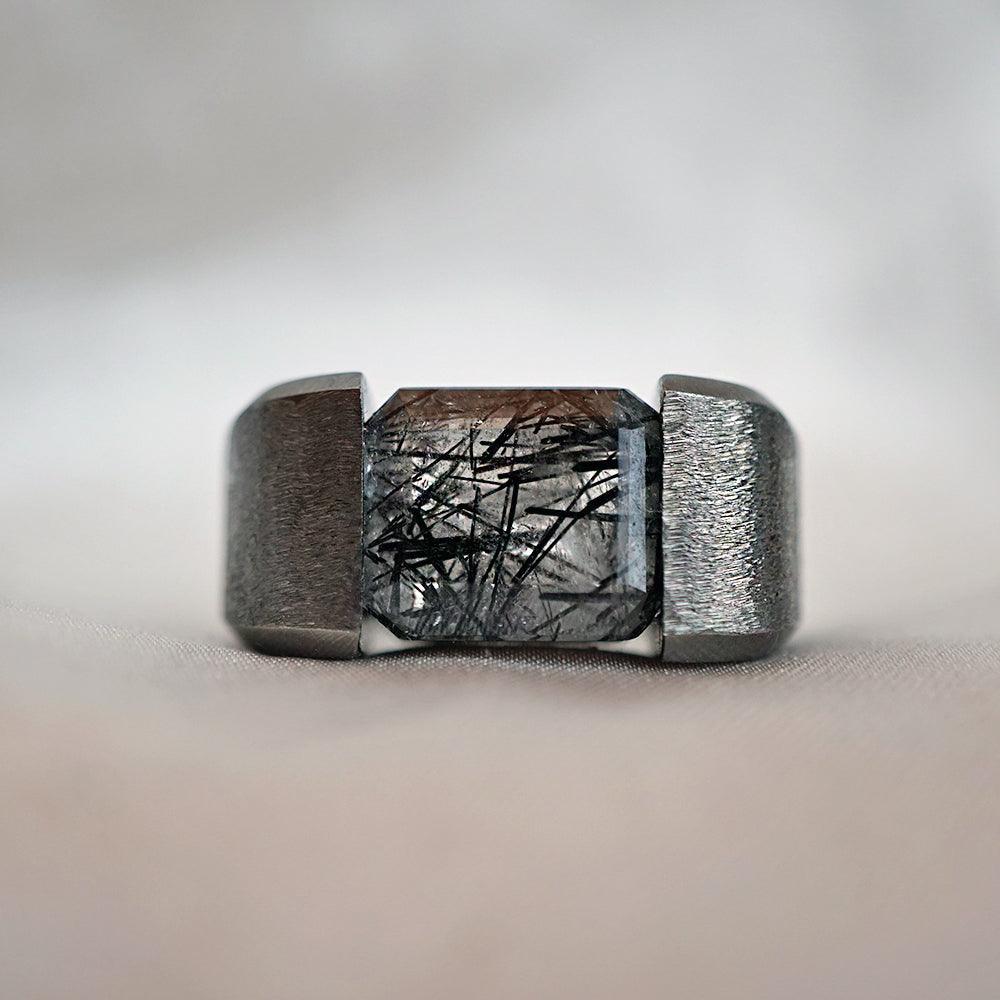 Black Rutilated Quartz Robo Ring in Sterling Silver, 13mm