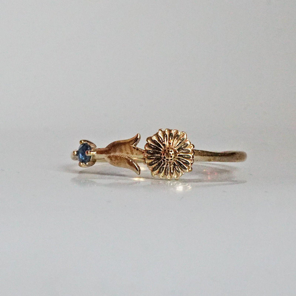 September Aster Flower Ring with blue sapphire