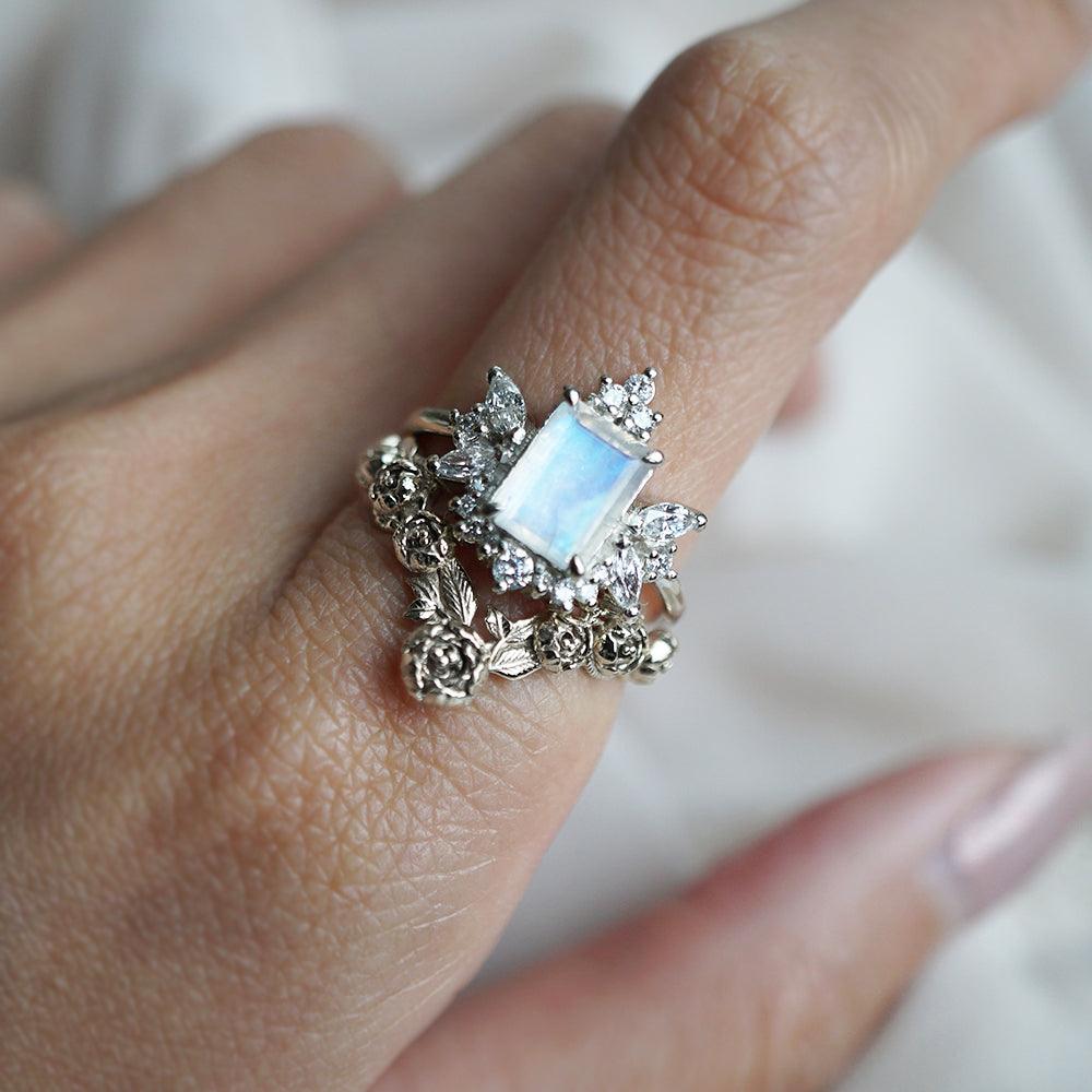 Stardust Moonstone Diamond Ring in Platinum - Tippy Taste Jewelry