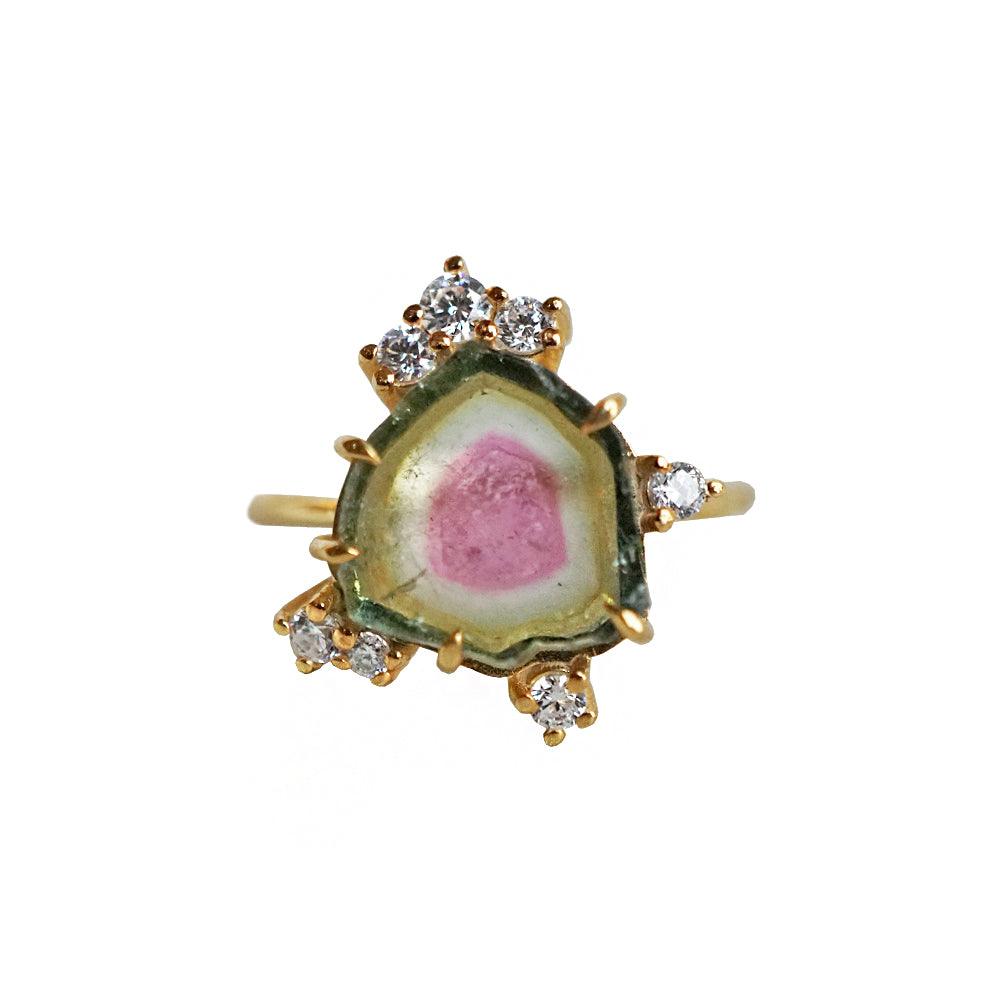 One of a Kind: Watermelon Tourmaline Slice Fleur Ring - Tippy Taste Jewelry