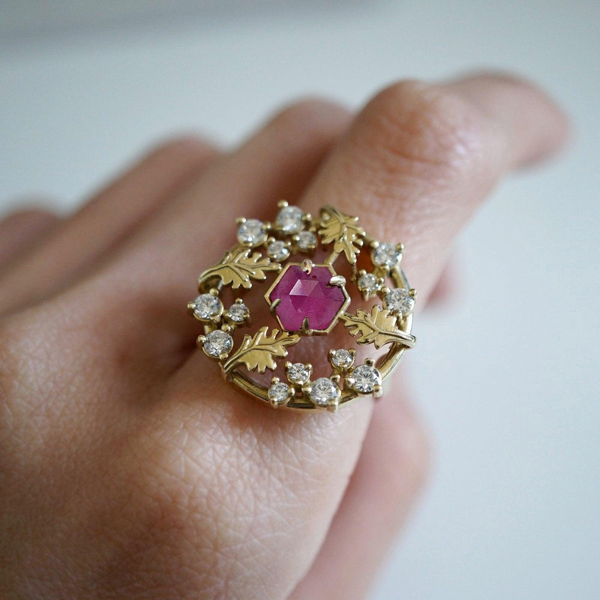 14K Wishing Well Ruby Diamond Ring - Close-up of Ruby and Diamond Detail